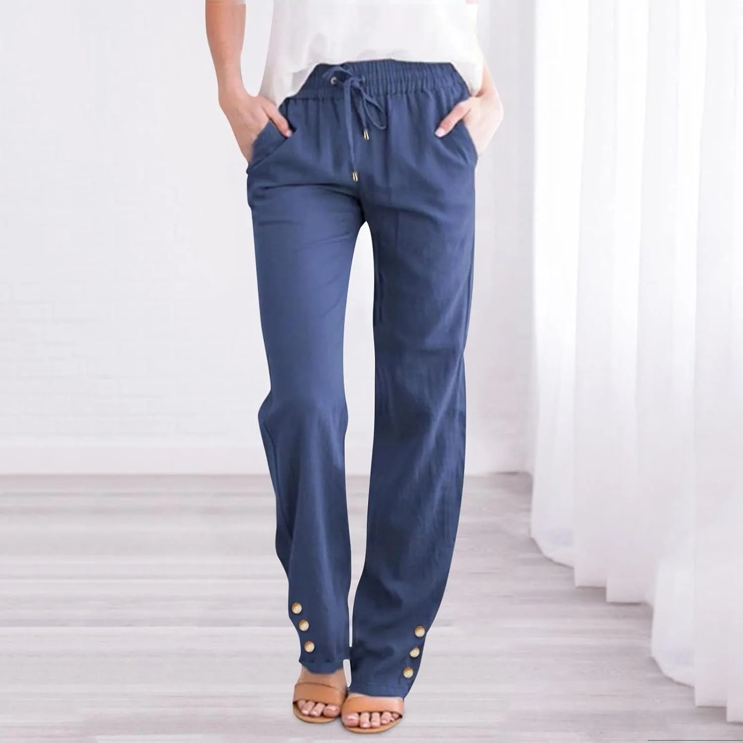 Women Linen Baggy Pants Summer Drawstring Casual Wide Leg Lounge Pant 2025 Beach Travel Vacation Clothes with Pockets