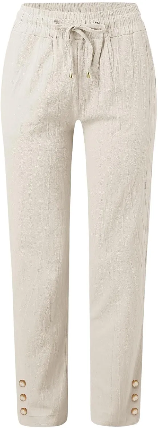 Women Linen Baggy Pants Summer Drawstring Casual Wide Leg Lounge Pant 2025 Beach Travel Vacation Clothes with Pockets