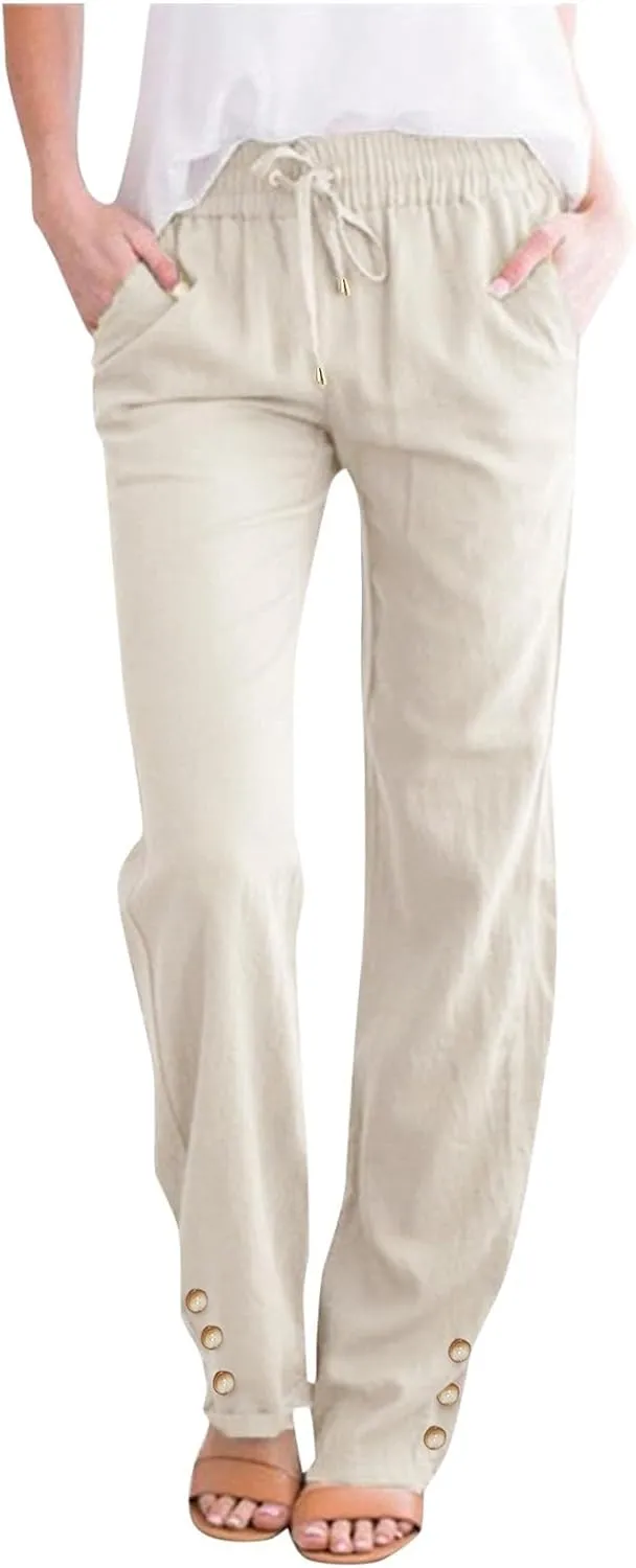 Women Linen Baggy Pants Summer Drawstring Casual Wide Leg Lounge Pant 2025 Beach Travel Vacation Clothes with Pockets