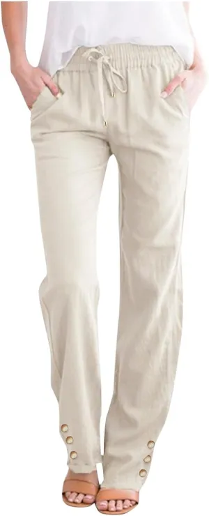 Women Linen Baggy Pants Summer Drawstring Casual Wide Leg Lounge Pant 2025 Beach Travel Vacation Clothes with Pockets