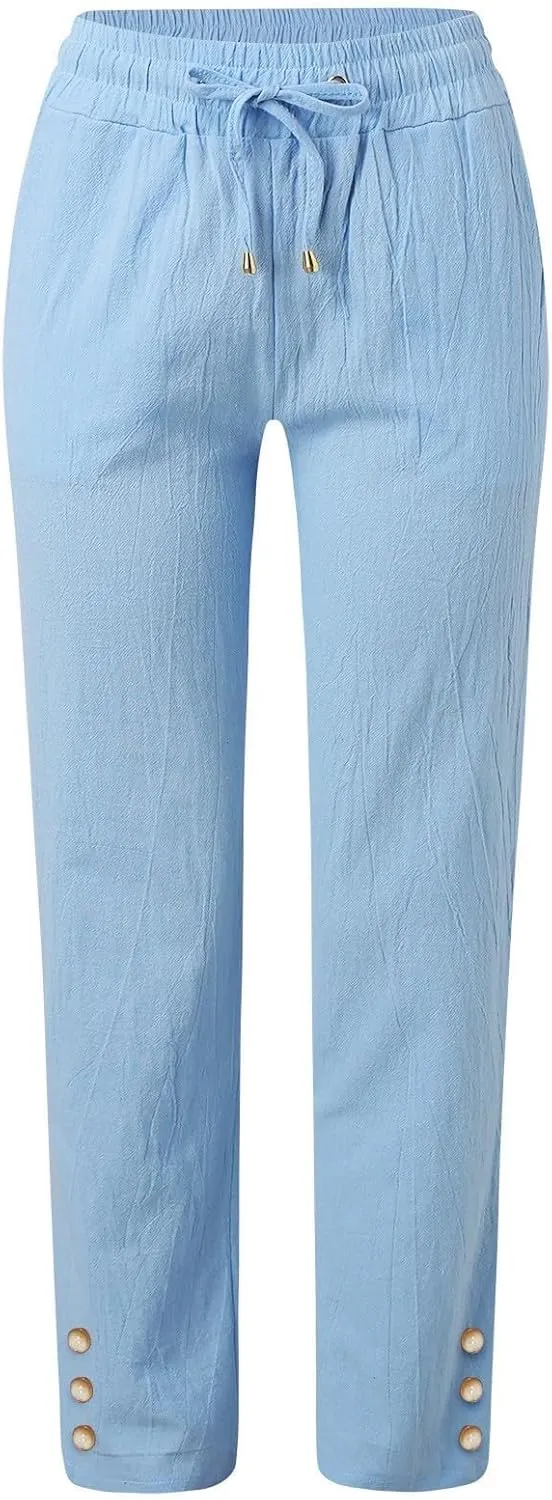 Women Linen Baggy Pants Summer Drawstring Casual Wide Leg Lounge Pant 2025 Beach Travel Vacation Clothes with Pockets