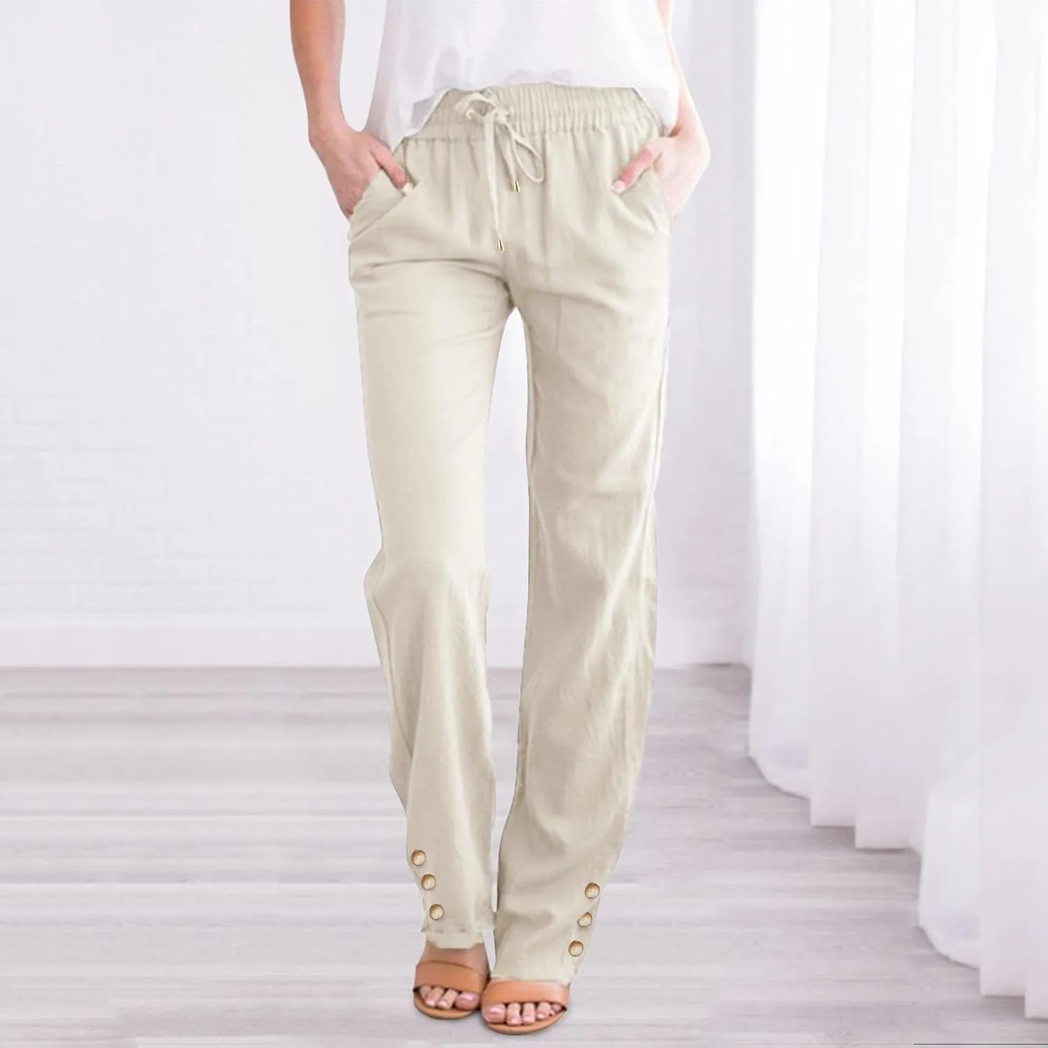 Women Linen Baggy Pants Summer Drawstring Casual Wide Leg Lounge Pant 2025 Beach Travel Vacation Clothes with Pockets