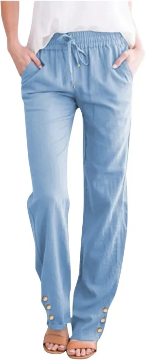Women Linen Baggy Pants Summer Drawstring Casual Wide Leg Lounge Pant 2025 Beach Travel Vacation Clothes with Pockets