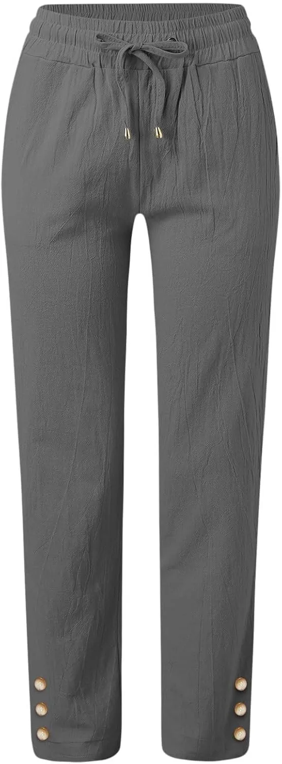 Women Linen Baggy Pants Summer Drawstring Casual Wide Leg Lounge Pant 2025 Beach Travel Vacation Clothes with Pockets