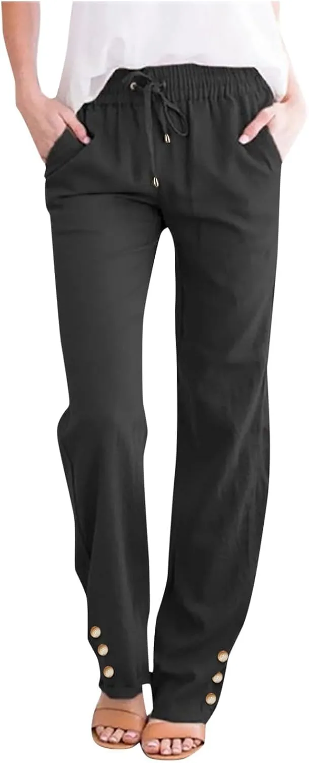 Women Linen Baggy Pants Summer Drawstring Casual Wide Leg Lounge Pant 2025 Beach Travel Vacation Clothes with Pockets