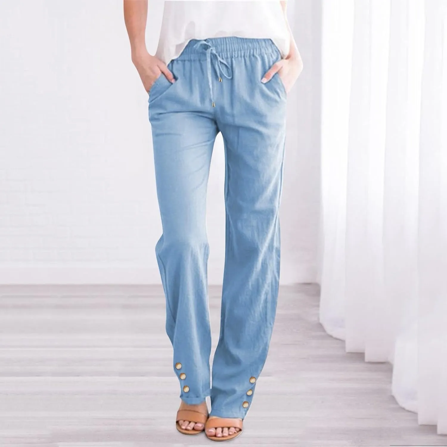 Women Linen Baggy Pants Summer Drawstring Casual Wide Leg Lounge Pant 2025 Beach Travel Vacation Clothes with Pockets