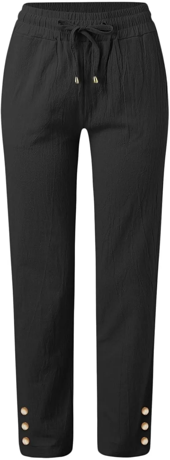 Women Linen Baggy Pants Summer Drawstring Casual Wide Leg Lounge Pant 2025 Beach Travel Vacation Clothes with Pockets