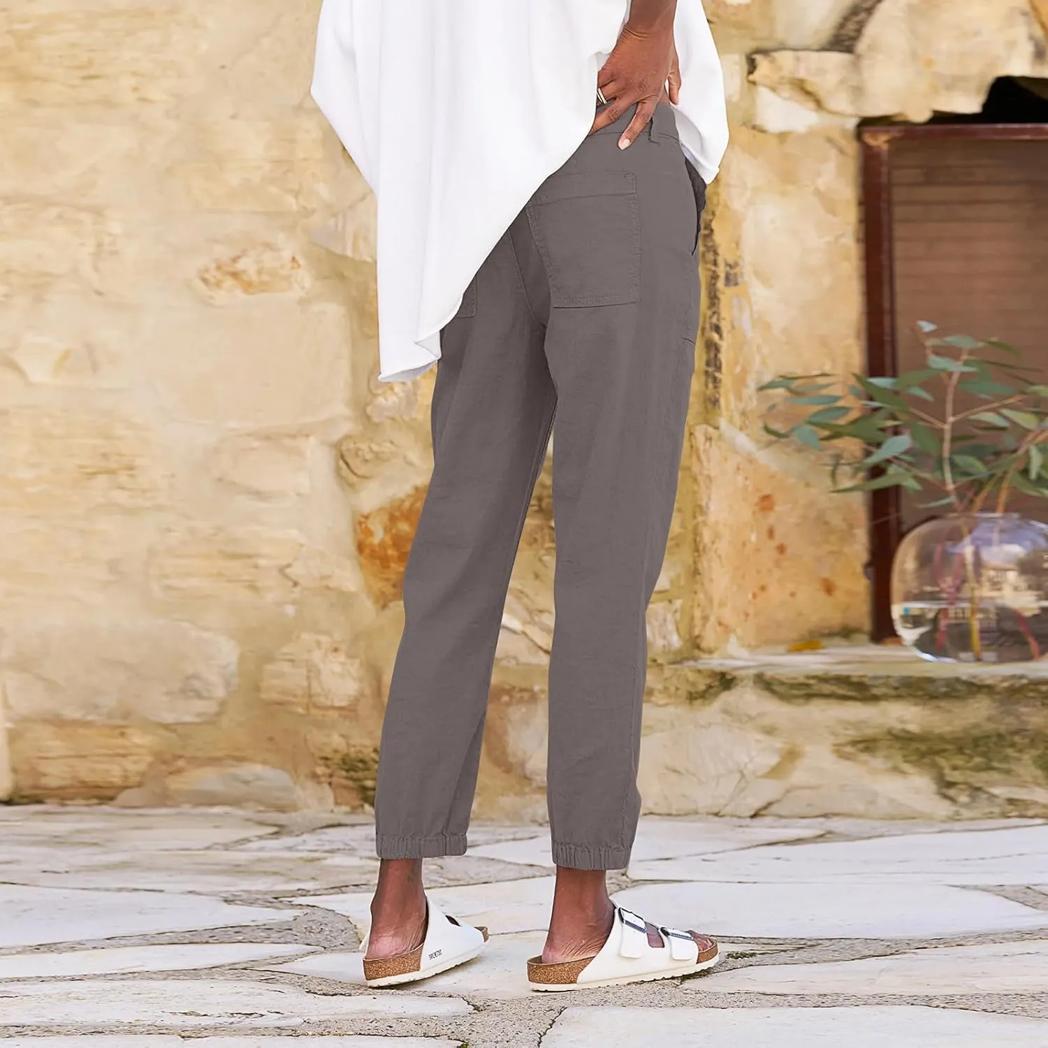 Women Linen Joggers Casual Cropped Linen Pants High Waisted Tapered Leg Jogger with Pockets Ankle Length Chino Pants