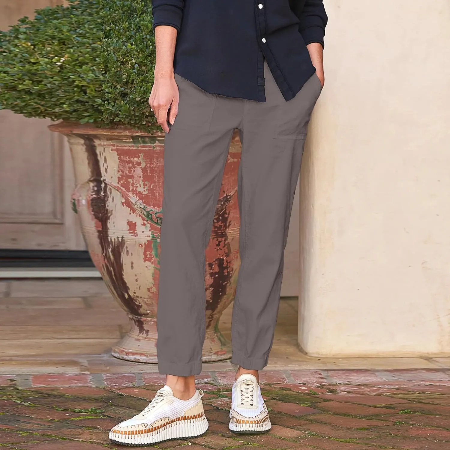 Women Linen Joggers Casual Cropped Linen Pants High Waisted Tapered Leg Jogger with Pockets Ankle Length Chino Pants
