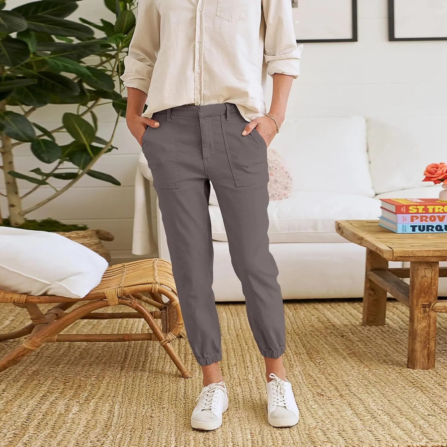Women Linen Joggers Casual Cropped Linen Pants High Waisted Tapered Leg Jogger with Pockets Ankle Length Chino Pants