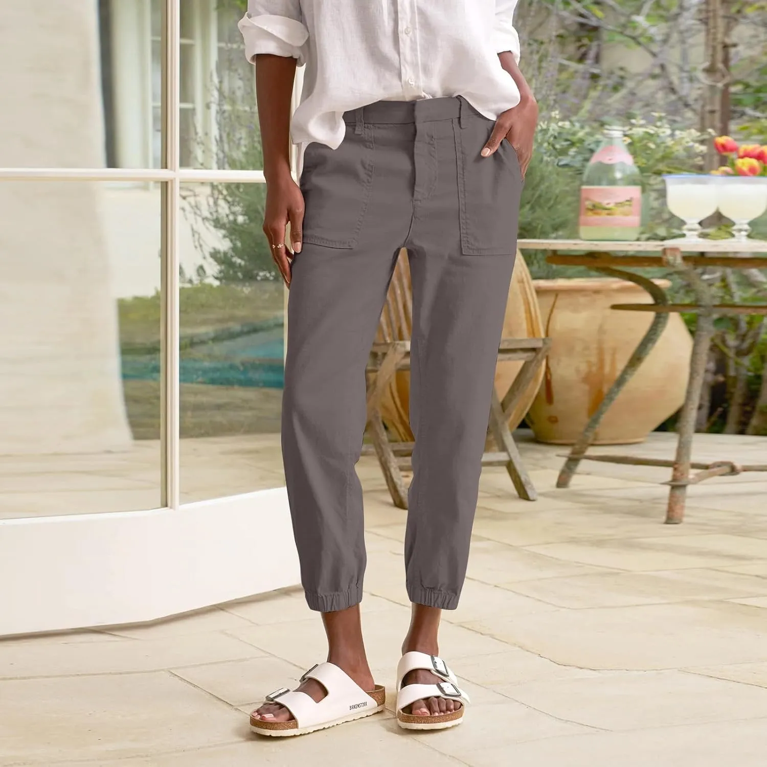 Women Linen Joggers Casual Cropped Linen Pants High Waisted Tapered Leg Jogger with Pockets Ankle Length Chino Pants