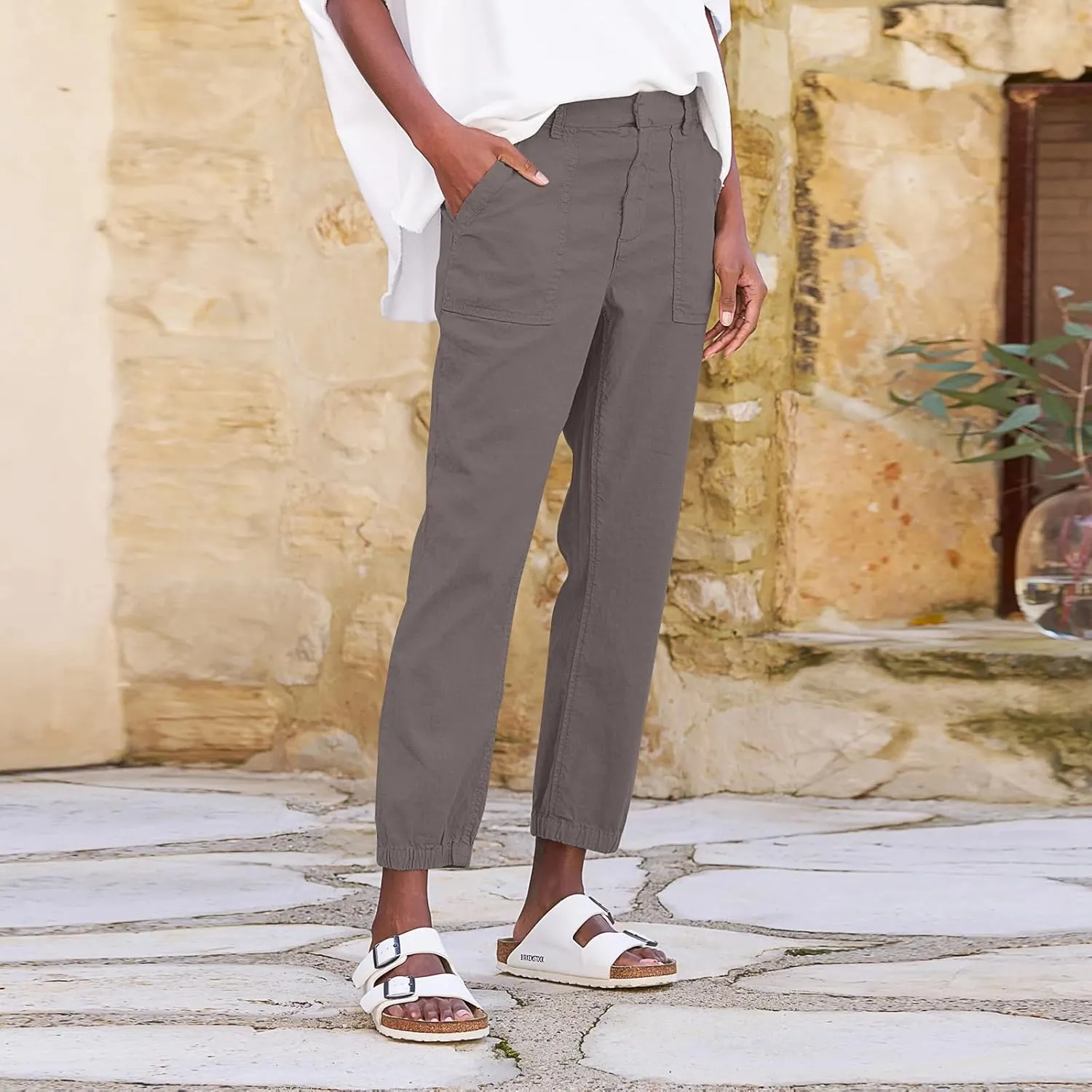Women Linen Joggers Casual Cropped Linen Pants High Waisted Tapered Leg Jogger with Pockets Ankle Length Chino Pants