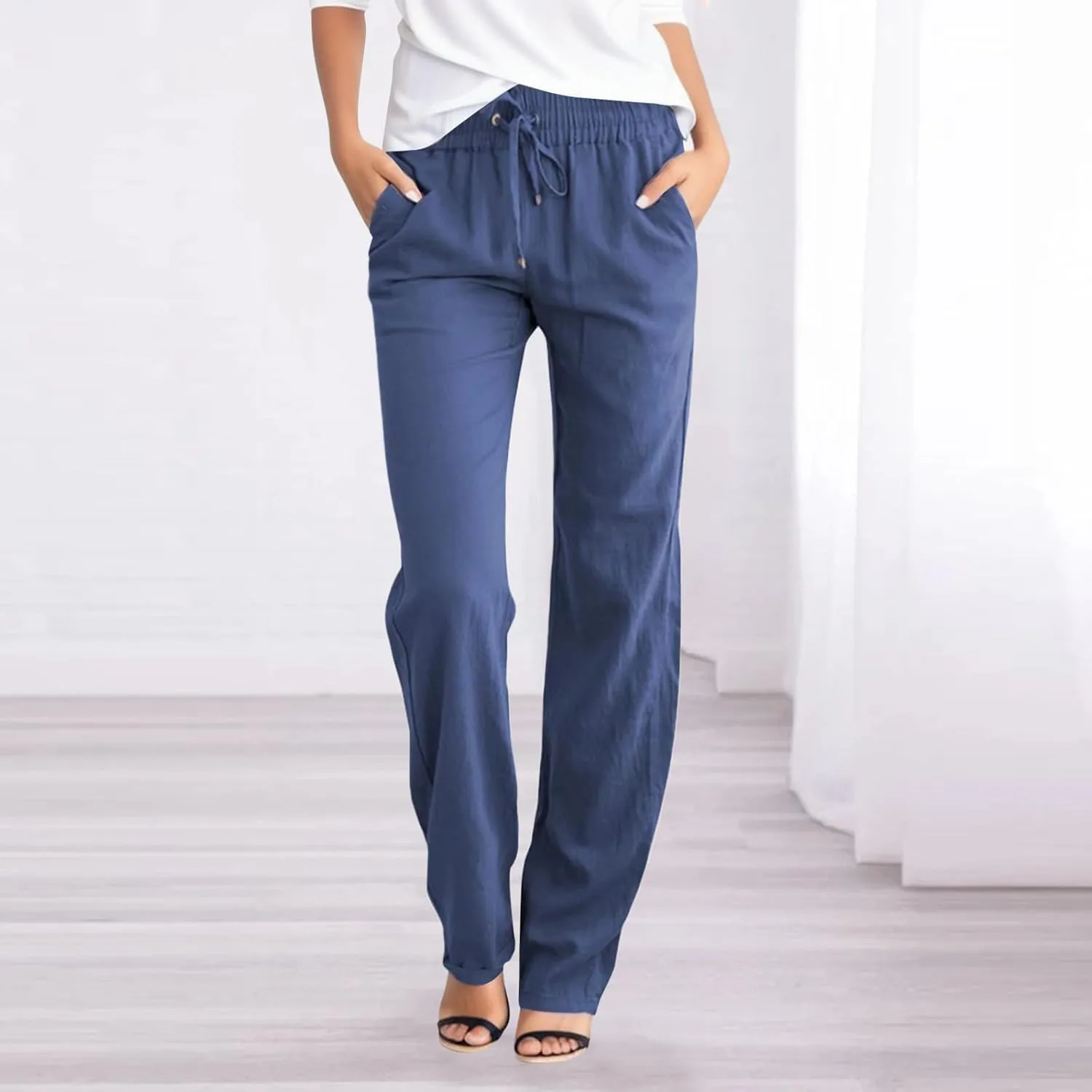 Women Linen Pants Beach Wide Leg Drawstring Joggers Cotton Loose Gauze Pants Summer Cute Causal Lightweight Trousers