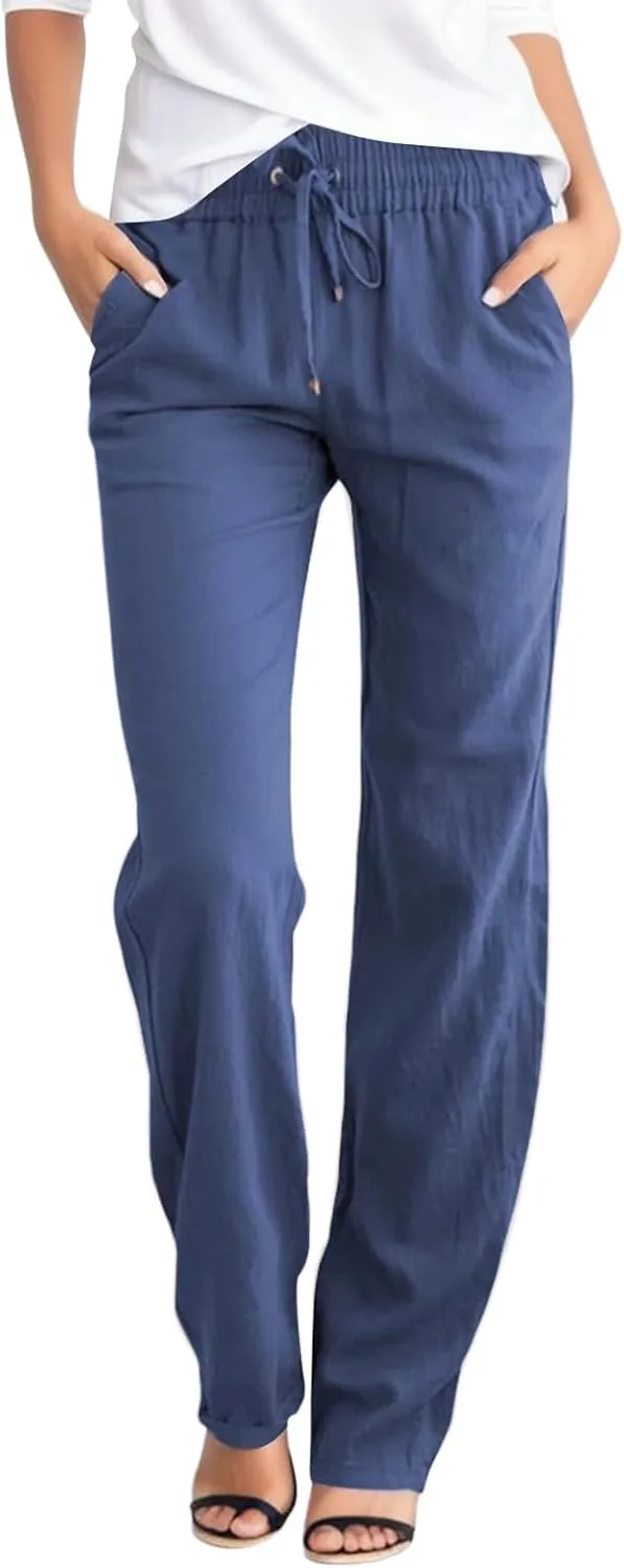 Women Linen Pants Beach Wide Leg Drawstring Joggers Cotton Loose Gauze Pants Summer Cute Causal Lightweight Trousers