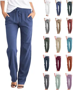 Women Linen Pants Beach Wide Leg Drawstring Joggers Cotton Loose Gauze Pants Summer Cute Causal Lightweight Trousers