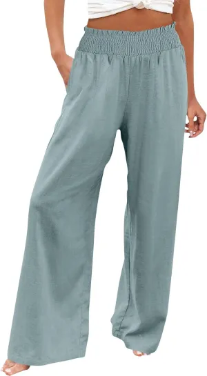 Women Palazzo Pants Linen Baggy Trousers Vacation Outfits High Waist Flowy Loose Wide Leg Pant with Pocket