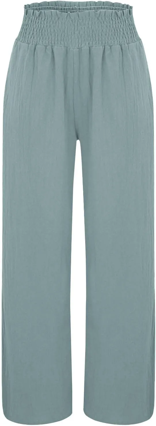 Women Palazzo Pants Linen Baggy Trousers Vacation Outfits High Waist Flowy Loose Wide Leg Pant with Pocket