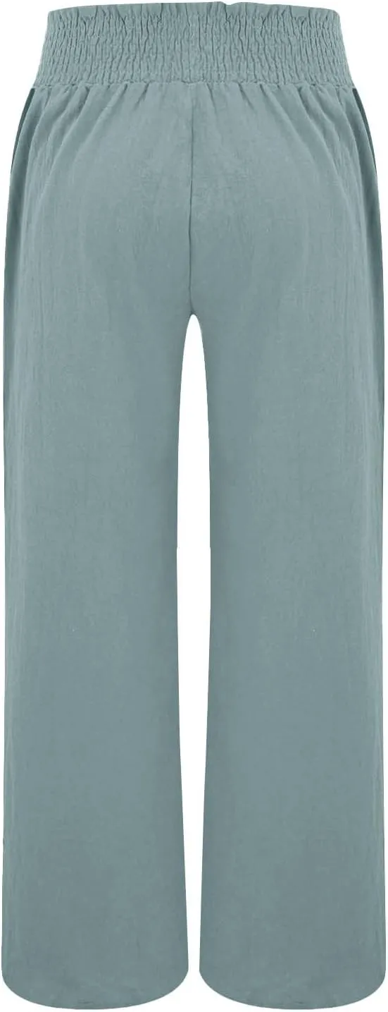 Women Palazzo Pants Linen Baggy Trousers Vacation Outfits High Waist Flowy Loose Wide Leg Pant with Pocket