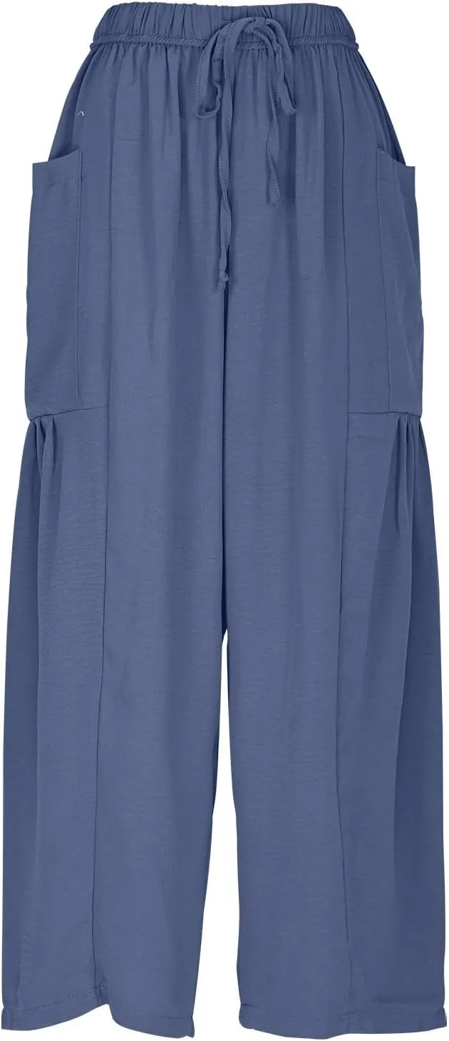 Women Pants Wide Leg Cotton Linen Pants Summer Trendy Beach Palazzo Lounge Trousers Casual Plus Size Vacation Clothes