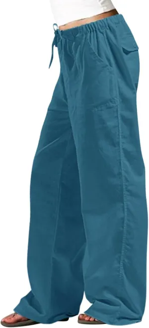 Women Pull On Elastic Waist Linen Pants Pockets Summer Lightweight Solid Color Drawstring Wide Leg Palazzo Plus Size