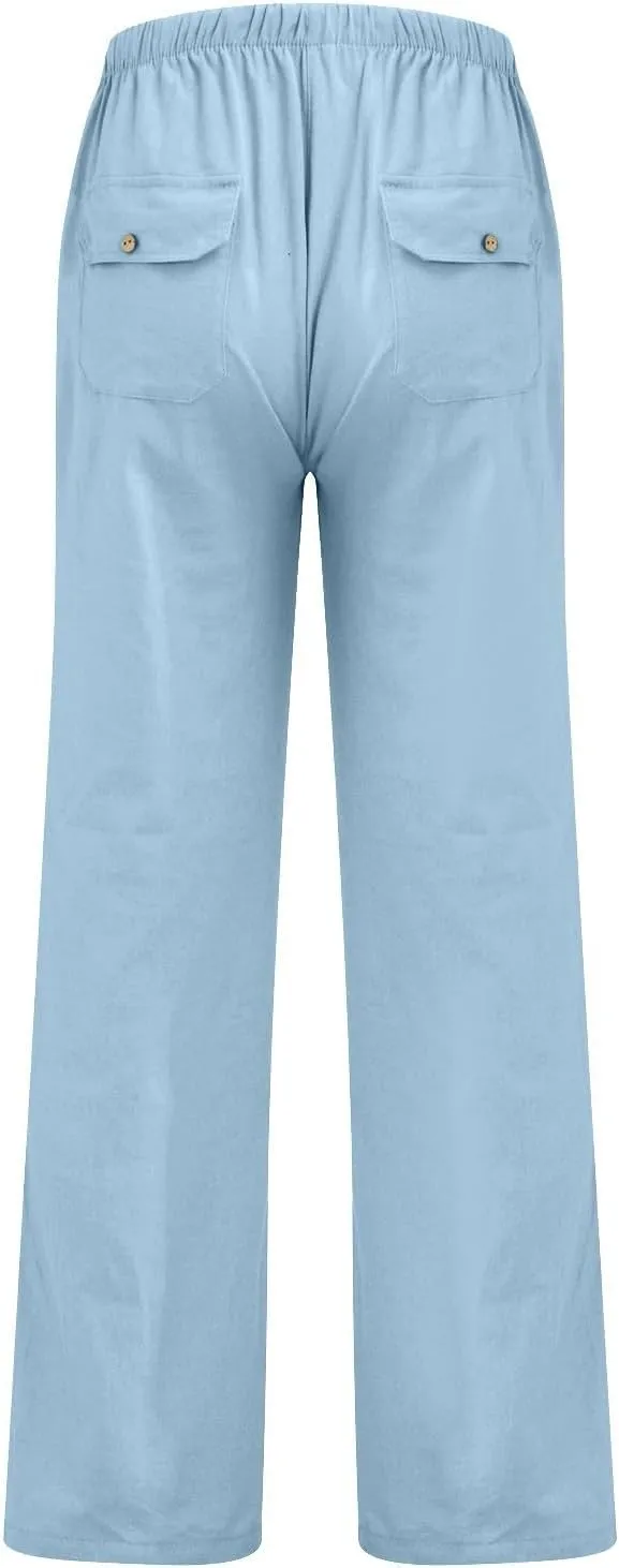 Women Pull On Elastic Waist Linen Pants Pockets Summer Lightweight Solid Color Drawstring Wide Leg Palazzo Plus Size