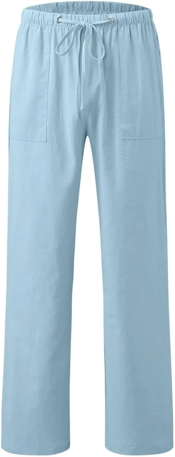 Women Pull On Elastic Waist Linen Pants Pockets Summer Lightweight Solid Color Drawstring Wide Leg Palazzo Plus Size
