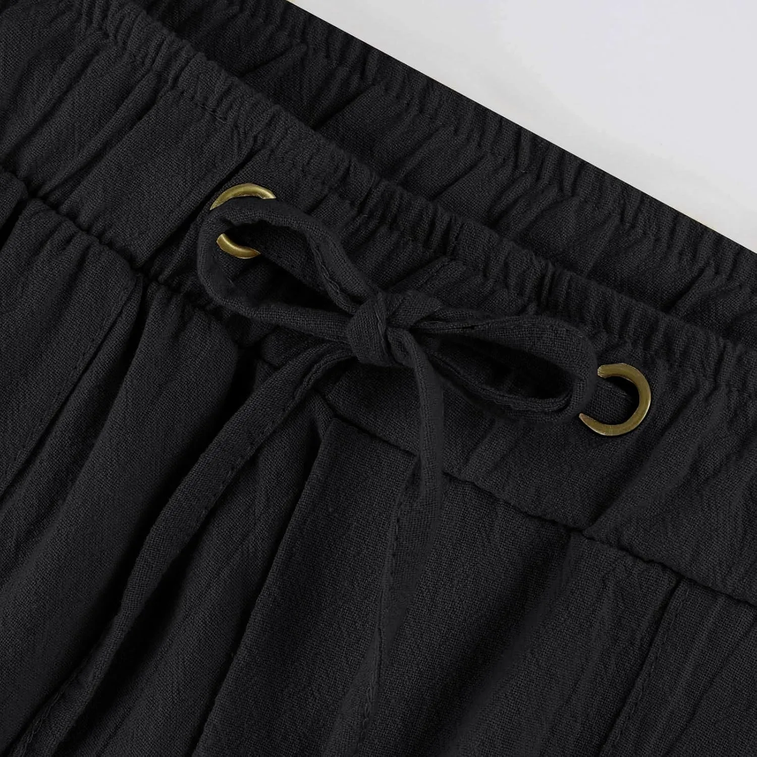 Women Pull On Elastic Waist Linen Pants Pockets Summer Lightweight Solid Color Drawstring Wide Leg Palazzo Plus Size
