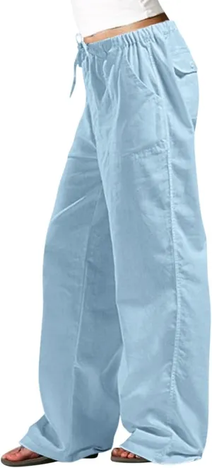 Women Pull On Elastic Waist Linen Pants Pockets Summer Lightweight Solid Color Drawstring Wide Leg Palazzo Plus Size