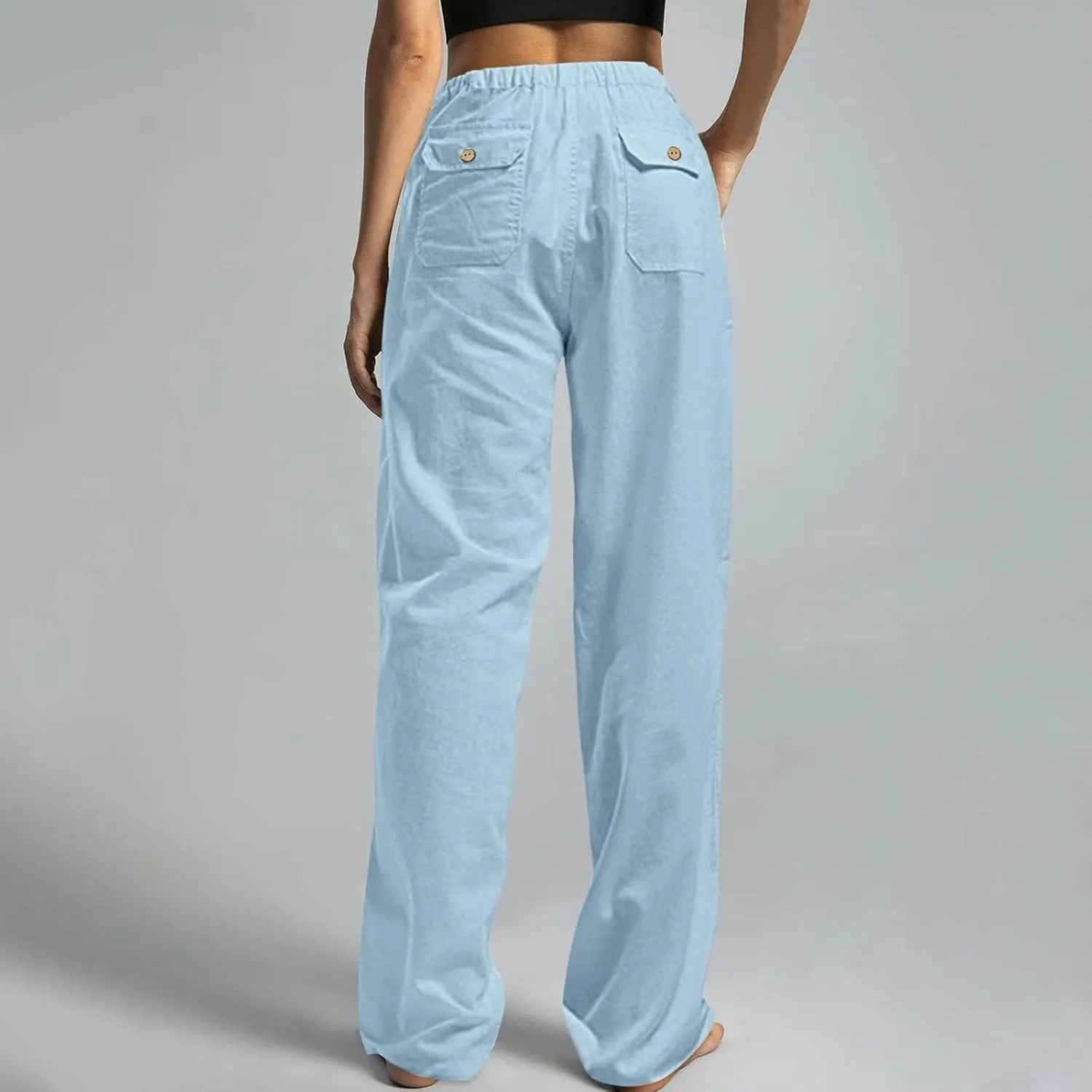 Women Pull On Elastic Waist Linen Pants Pockets Summer Lightweight Solid Color Drawstring Wide Leg Palazzo Plus Size