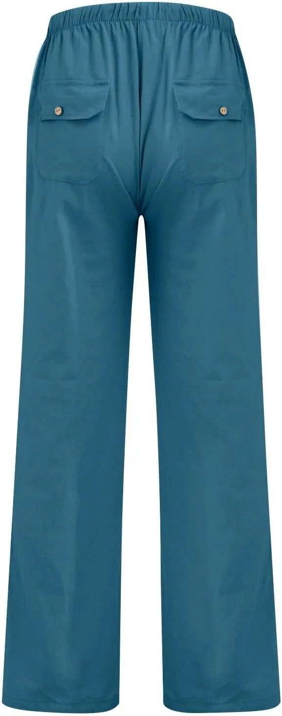 Women Pull On Elastic Waist Linen Pants Pockets Summer Lightweight Solid Color Drawstring Wide Leg Palazzo Plus Size