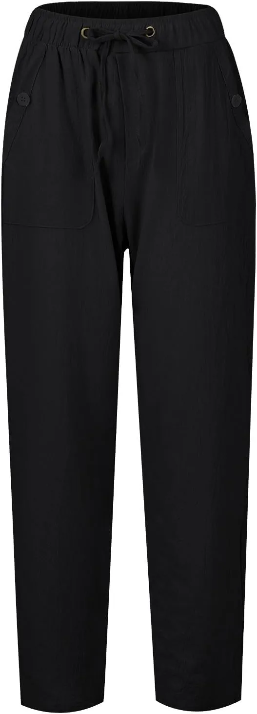 Women Pull On Elastic Waist Linen Pants Pockets Summer Lightweight Solid Color Drawstring Wide Leg Palazzo Plus Size