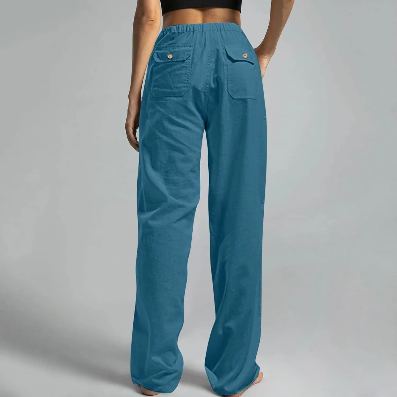 Women Pull On Elastic Waist Linen Pants Pockets Summer Lightweight Solid Color Drawstring Wide Leg Palazzo Plus Size