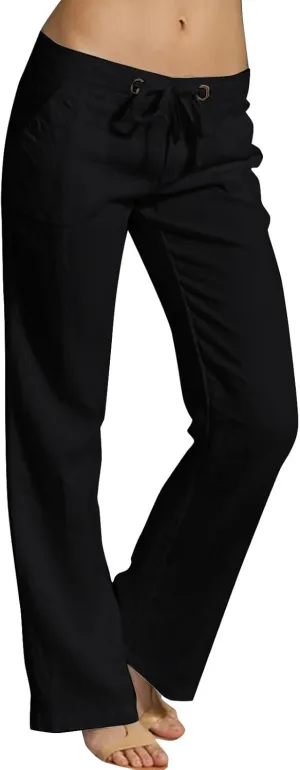 Women Pull On Elastic Waist Linen Pants Pockets Summer Lightweight Solid Color Drawstring Wide Leg Palazzo Plus Size