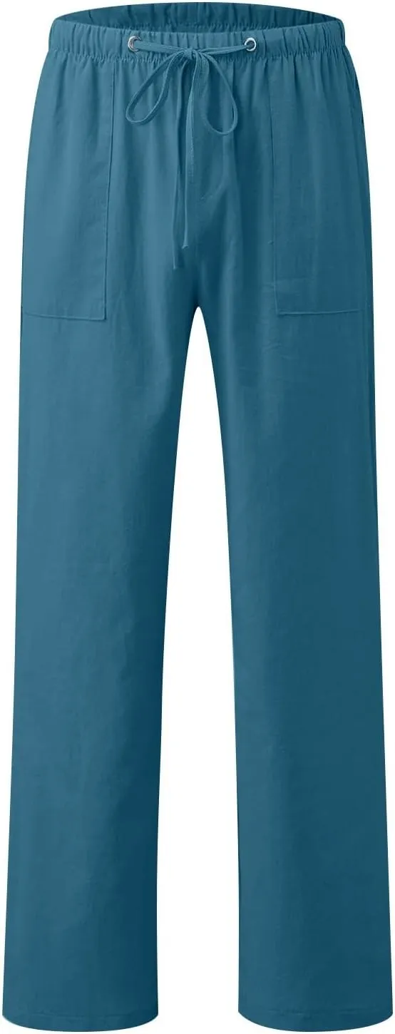 Women Pull On Elastic Waist Linen Pants Pockets Summer Lightweight Solid Color Drawstring Wide Leg Palazzo Plus Size