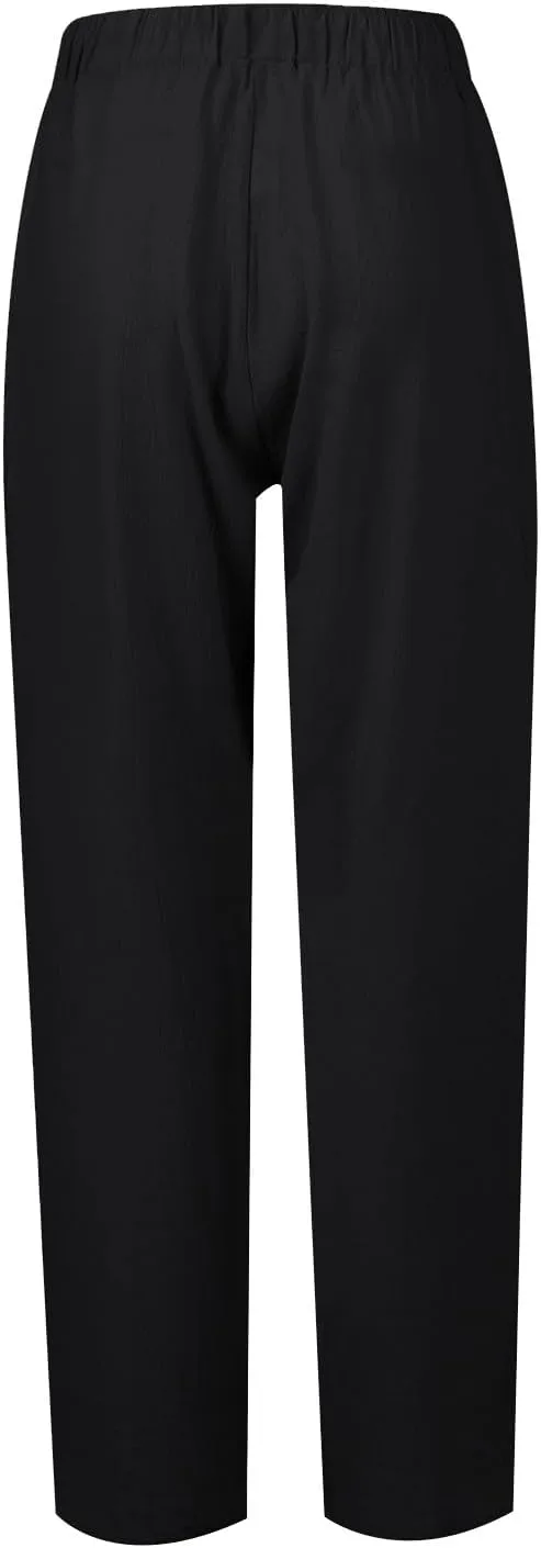 Women Pull On Elastic Waist Linen Pants Pockets Summer Lightweight Solid Color Drawstring Wide Leg Palazzo Plus Size