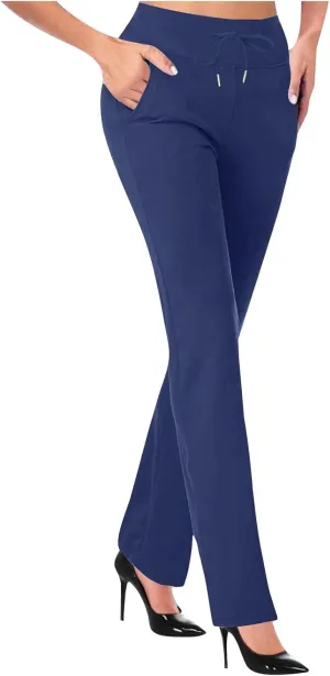 Women Straight Leg Work Pants Dressy Casual Trousers Solid Stretch Slim Fit Yoga Pant High Waist Slacks with Pocket