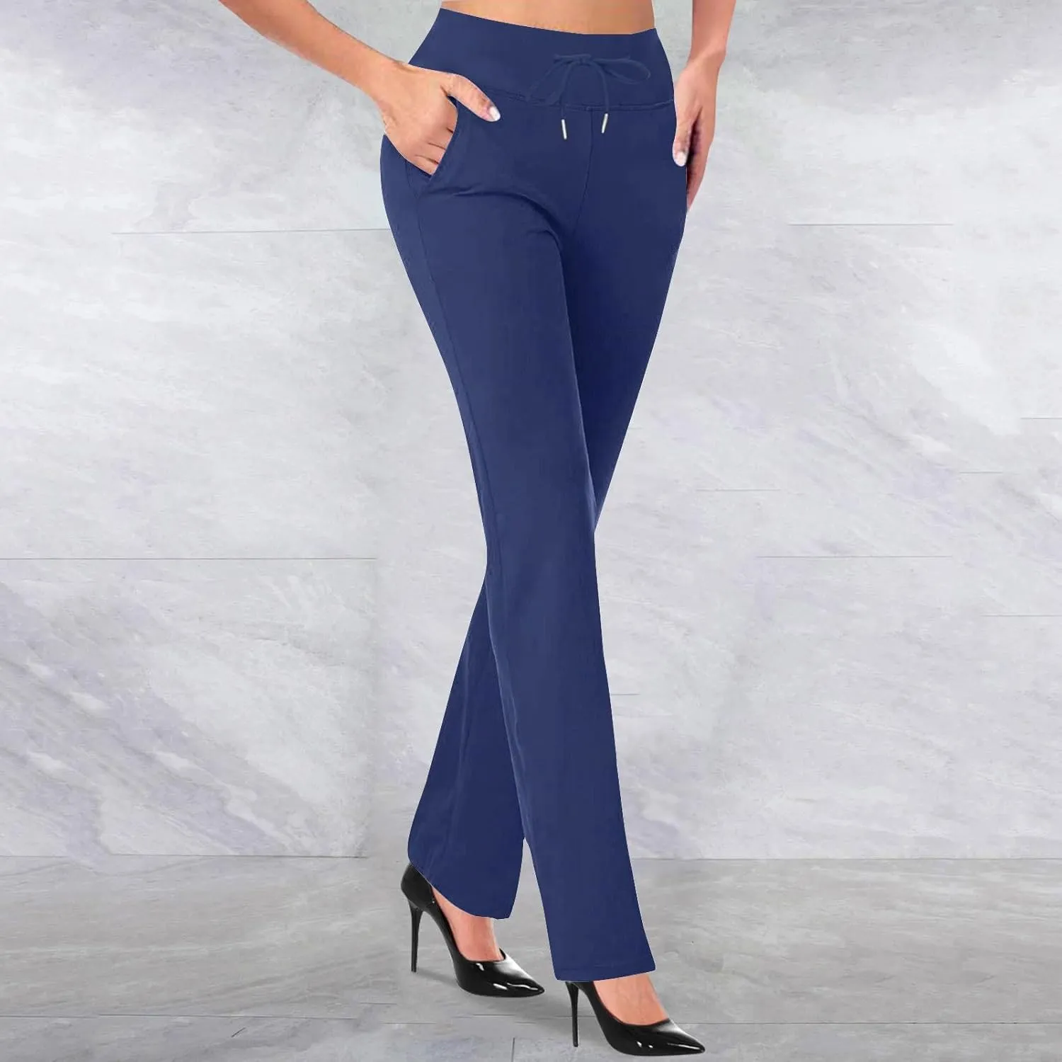 Women Straight Leg Work Pants Dressy Casual Trousers Solid Stretch Slim Fit Yoga Pant High Waist Slacks with Pocket
