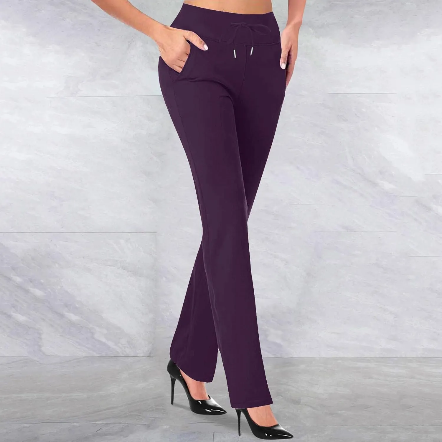 Women Straight Leg Work Pants Dressy Casual Trousers Solid Stretch Slim Fit Yoga Pant High Waist Slacks with Pocket