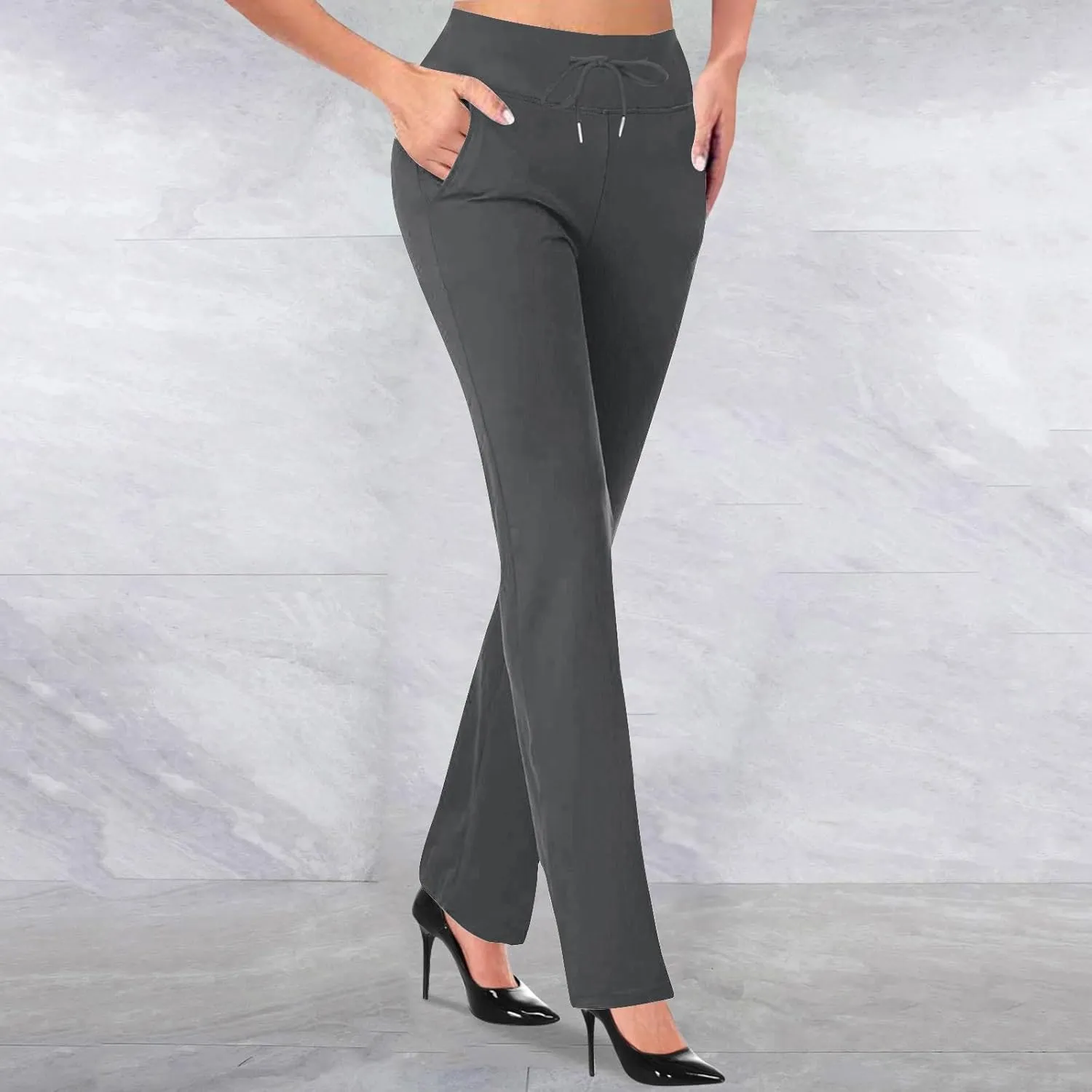 Women Straight Leg Work Pants Dressy Casual Trousers Solid Stretch Slim Fit Yoga Pant High Waist Slacks with Pocket