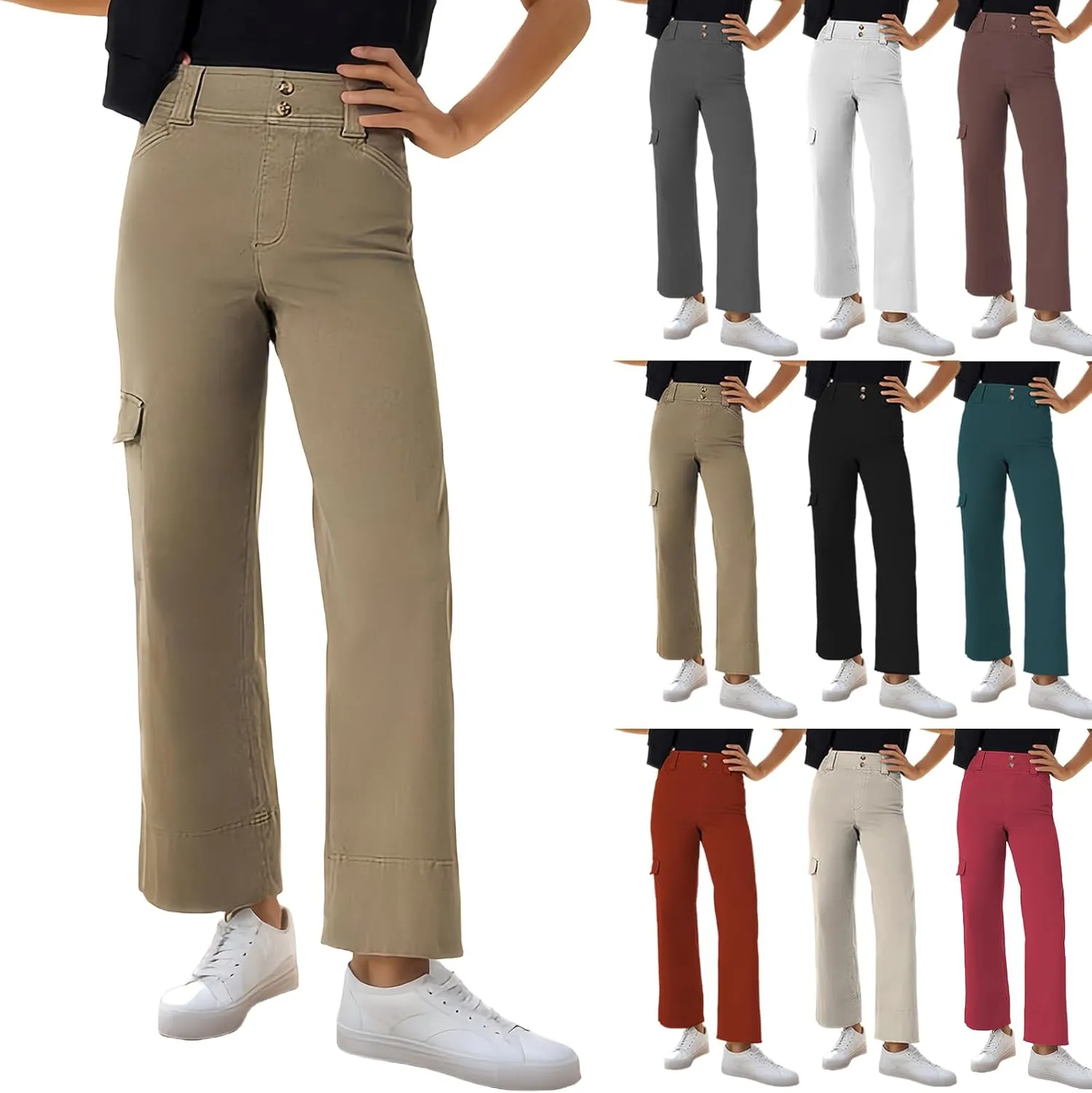 Women Stretch Twill Cropped Trouser Wide Leg Cargo Pants Casual Capri Pants Straight Leg Chino Pants Ankle Jeans