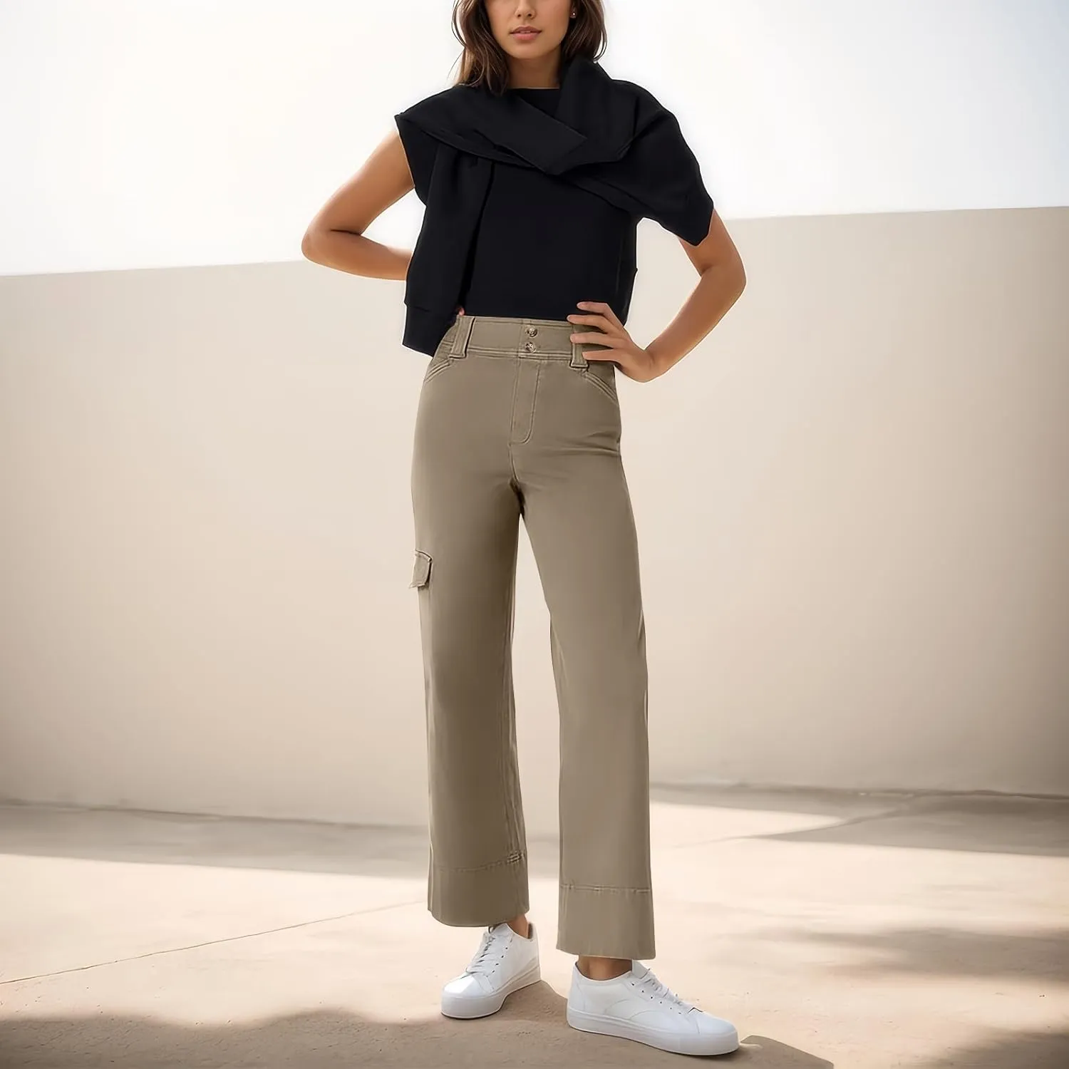Women Stretch Twill Cropped Trouser Wide Leg Cargo Pants Casual Capri Pants Straight Leg Chino Pants Ankle Jeans
