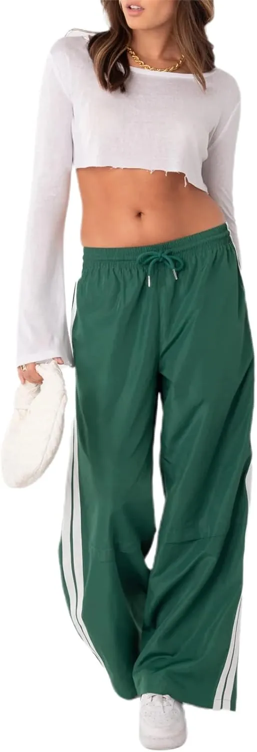 Women Striped Side Track Pants Y2k Baggy Wide Leg Jogger Sweatpants Elastic High Waist Parachute Cargo Trousers