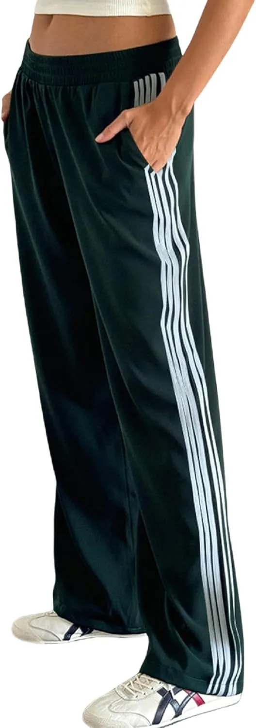Women Striped Side Track Pants Y2k Baggy Wide Leg Jogger Sweatpants Elastic High Waist Parachute Cargo Trousers