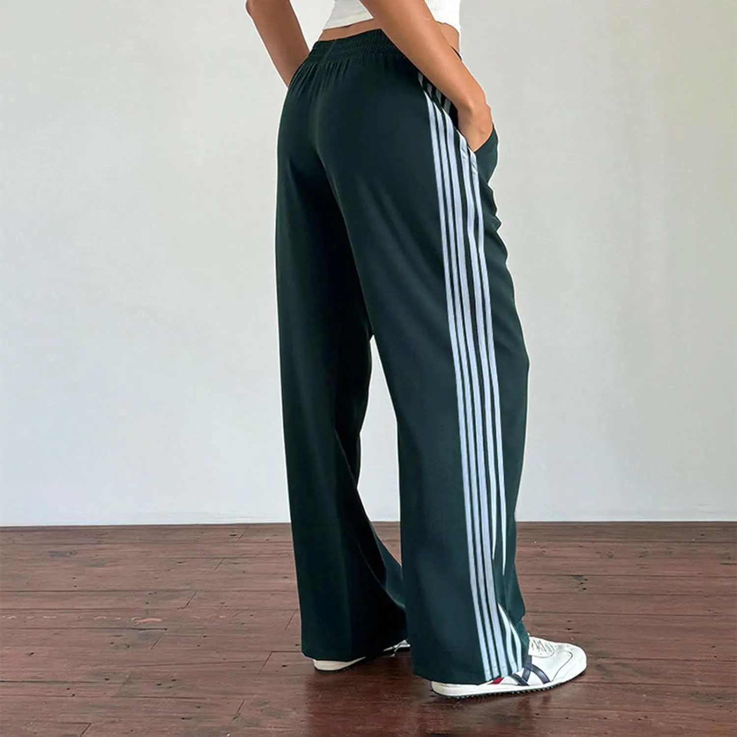 Women Striped Side Track Pants Y2k Baggy Wide Leg Jogger Sweatpants Elastic High Waist Parachute Cargo Trousers