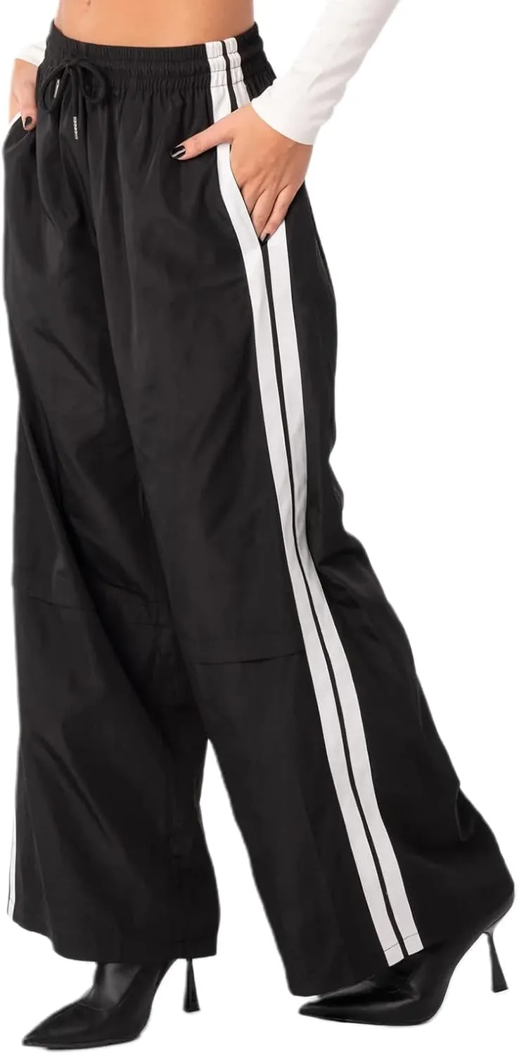 Women Striped Side Track Pants Y2k Baggy Wide Leg Jogger Sweatpants Elastic High Waist Parachute Cargo Trousers