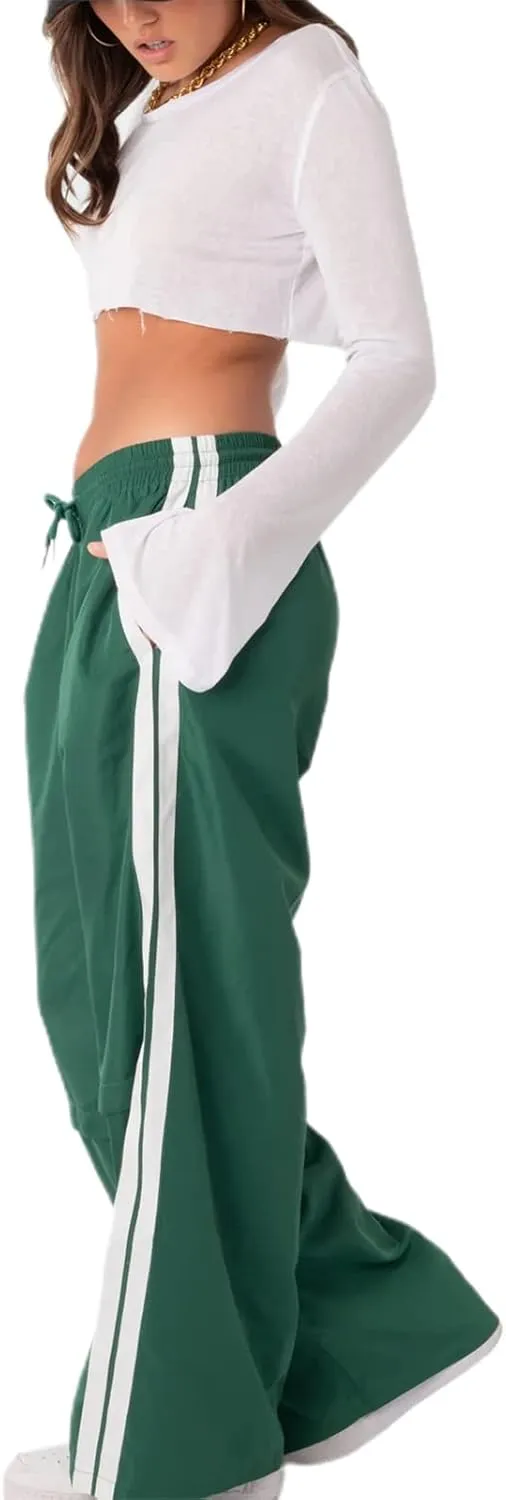 Women Striped Side Track Pants Y2k Baggy Wide Leg Jogger Sweatpants Elastic High Waist Parachute Cargo Trousers