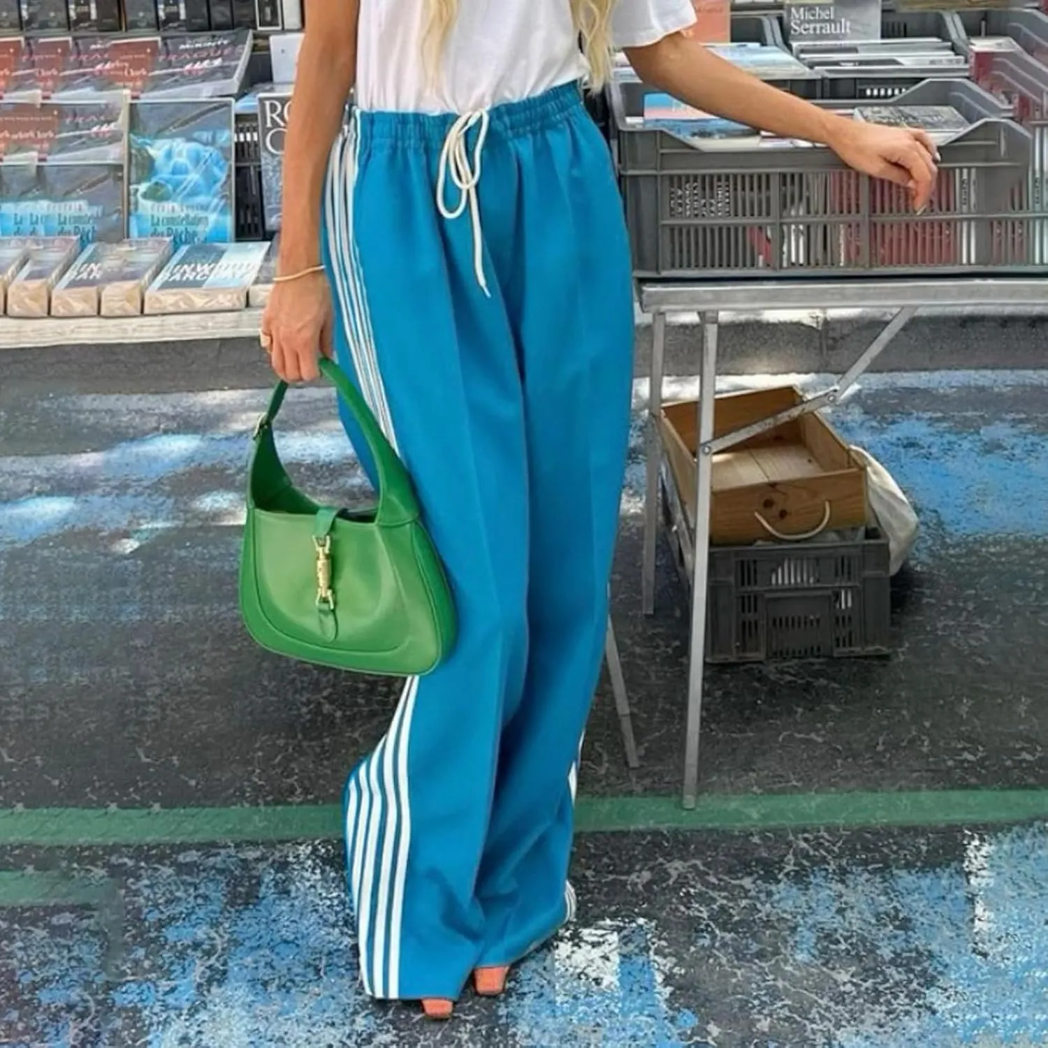 Women Striped Side Track Pants Y2k Baggy Wide Leg Jogger Sweatpants Elastic High Waist Parachute Cargo Trousers