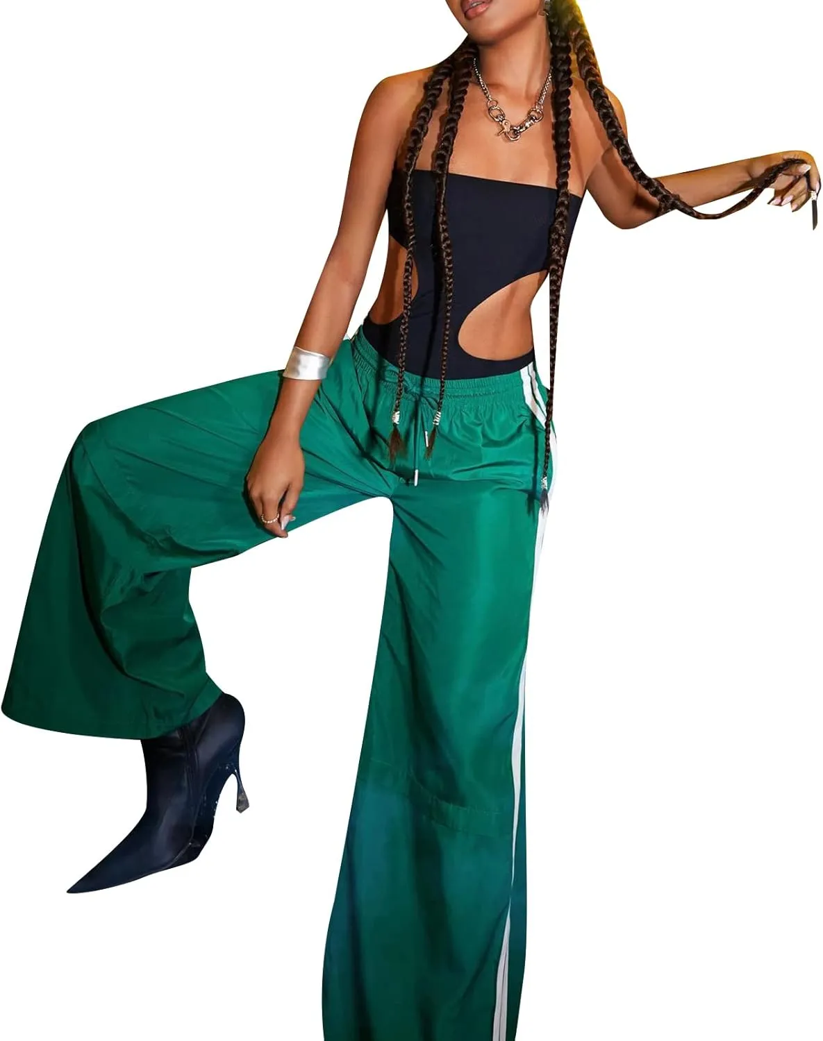 Women Striped Side Track Pants Y2k Baggy Wide Leg Jogger Sweatpants Elastic High Waist Parachute Cargo Trousers