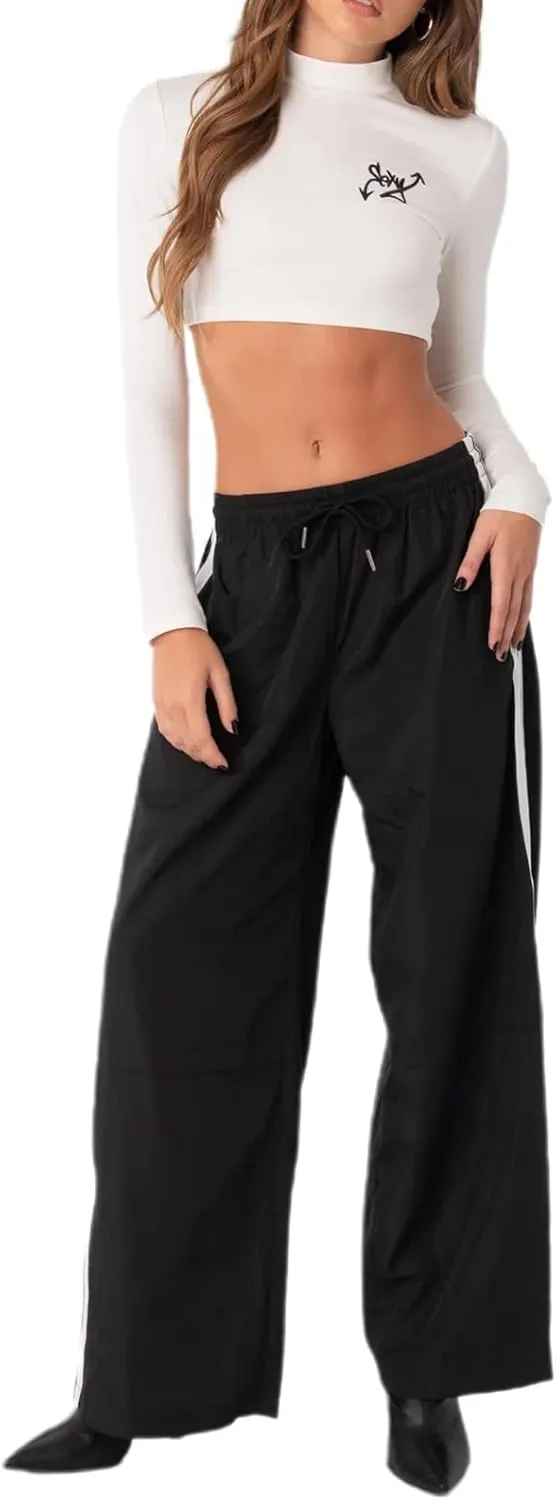 Women Striped Side Track Pants Y2k Baggy Wide Leg Jogger Sweatpants Elastic High Waist Parachute Cargo Trousers