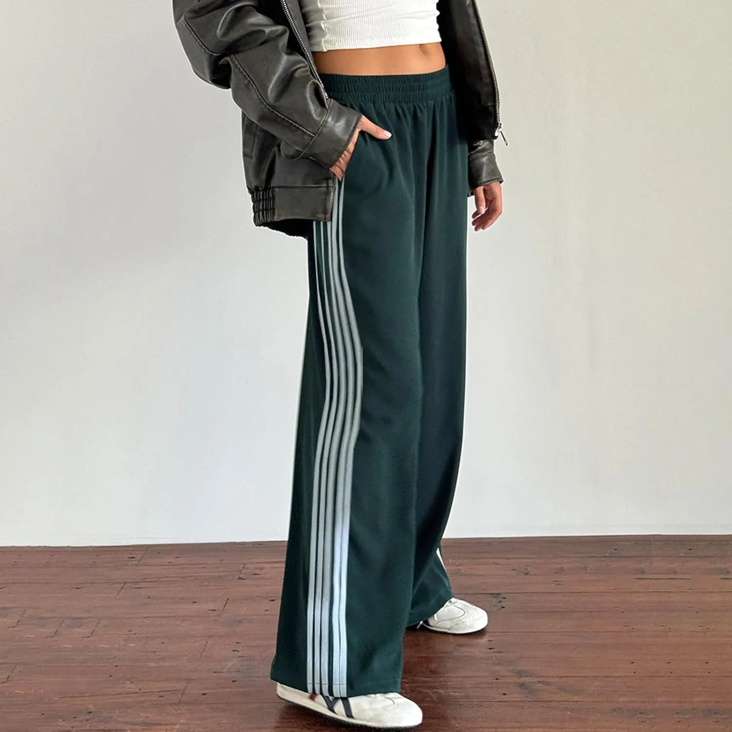 Women Striped Side Track Pants Y2k Baggy Wide Leg Jogger Sweatpants Elastic High Waist Parachute Cargo Trousers